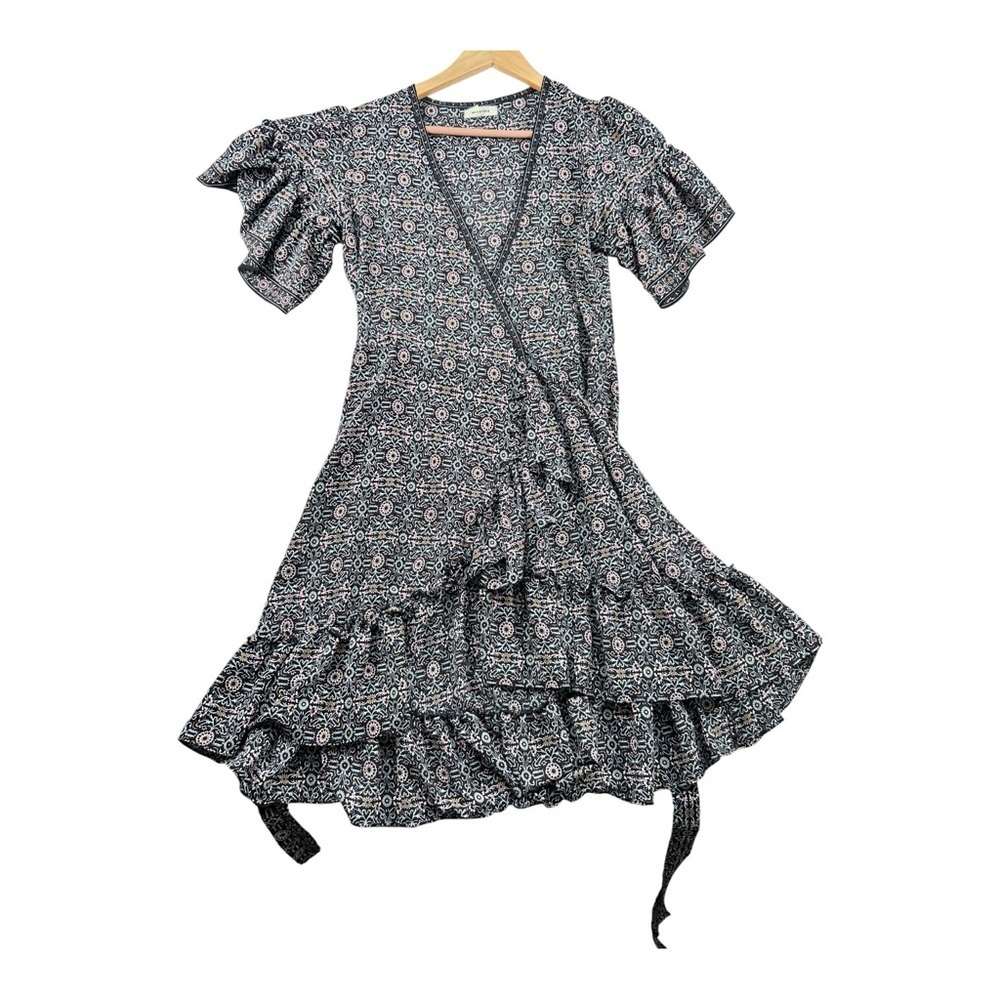 Max Studio Floral Wrap Dress Size S Ruffle Boho Midi Black - Picture 3 of 13